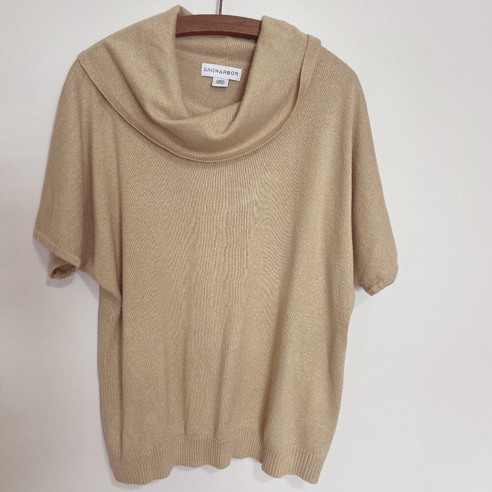Sag Harbor Gold Sparkle Short Sleeve Cowl Neck Sweater Size Large